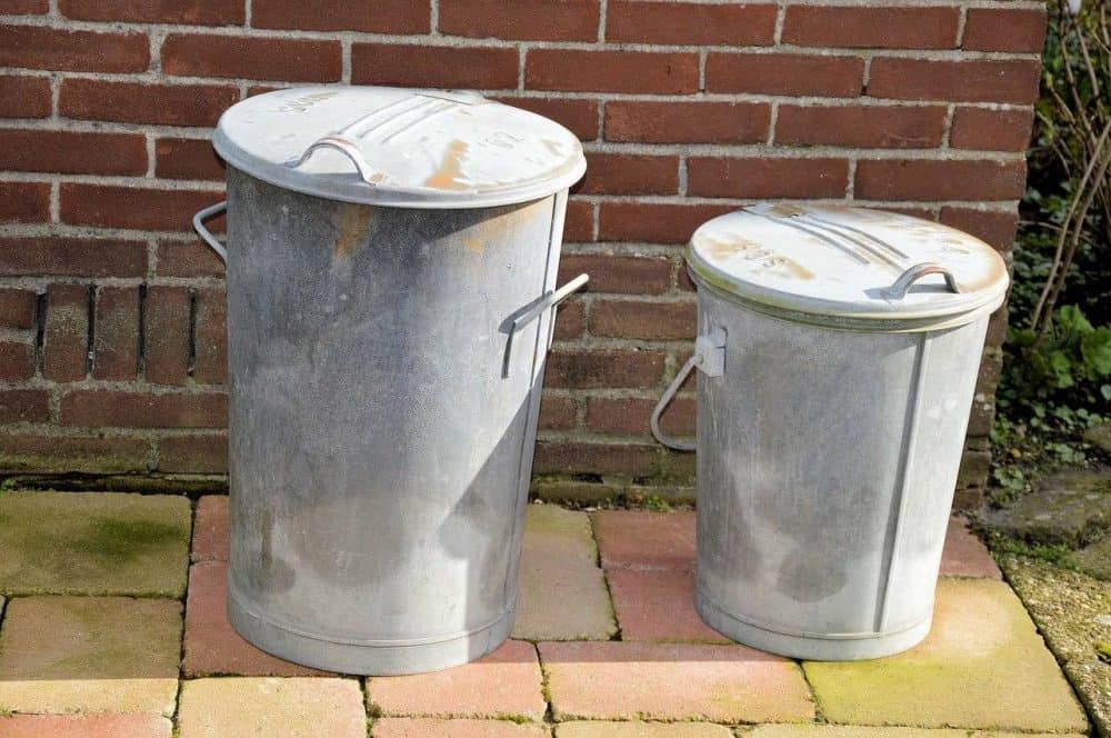 two metal trash cans