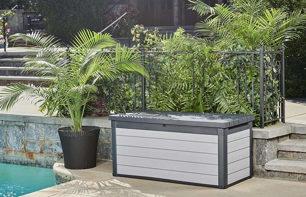 gray and black resin outdoor bench with storage option