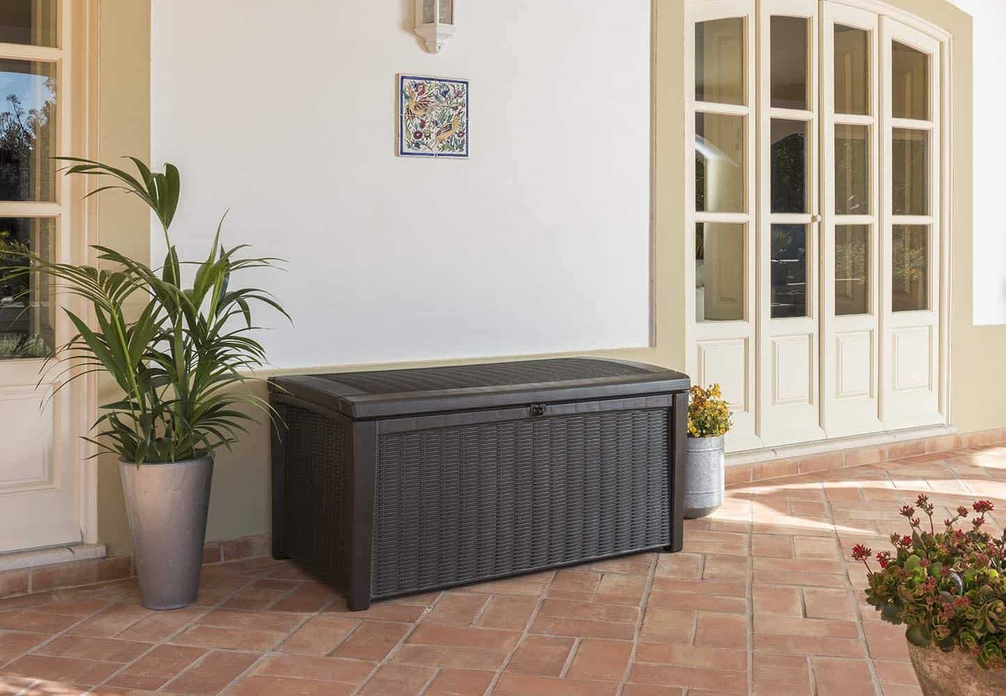 brown outdoor bench with storage