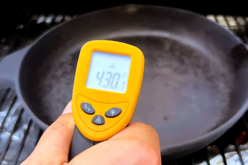 cast iron pan at 430 degrees on pellet grill over indirect heat