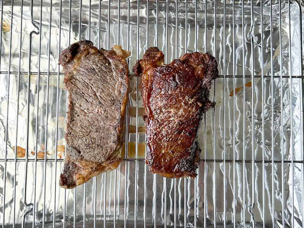 steak seared in cast iron over indirect heat vs direct heat on wire rack
