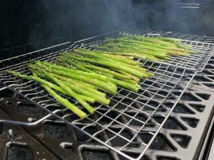 smoked asparagus in a grill basket