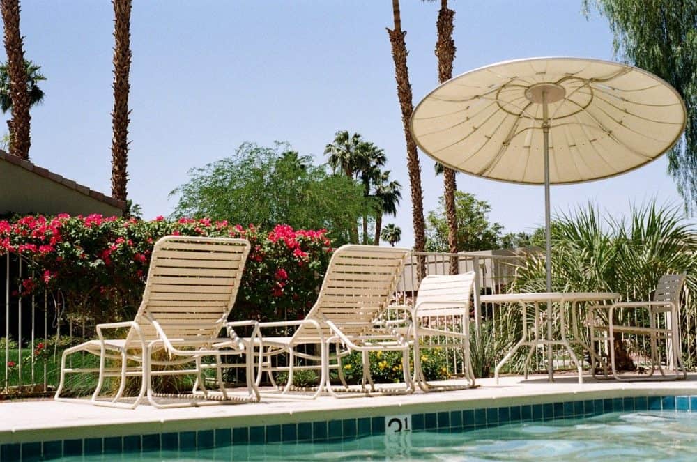 a patio umbrella secured from falling over