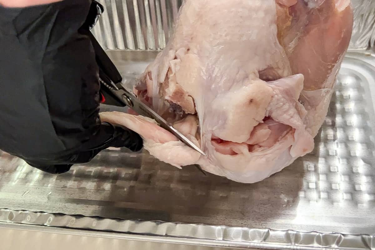 trimming excess fat from a turkey breast with kitchen shears
