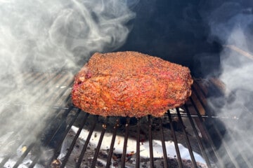 prime rib smoking on a Traeger pellet grill