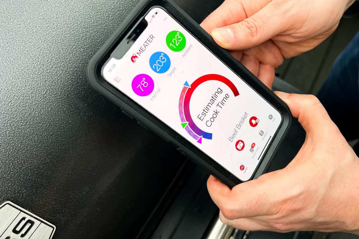 a smart phone showing the display for the MEATER meat thermometer app with beef brisket selected