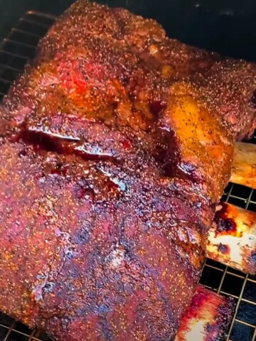 smoked beef ribs on the grates of a pit boss pellet grill