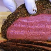 a smoked bottom round beef roast sliced