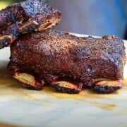 traeger smoked beef short ribs on a cutting board