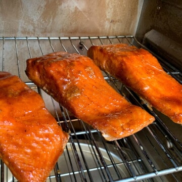 salmon smoking on the grates of a masterbuilt electric smoker