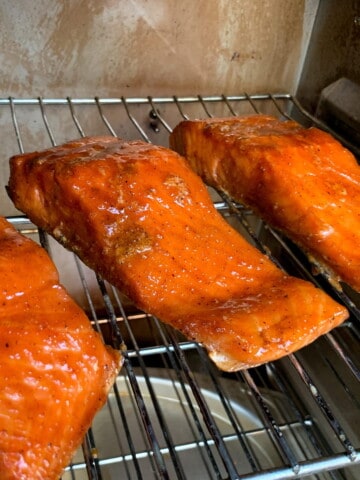 salmon smoking on the grates of a masterbuilt electric smoker