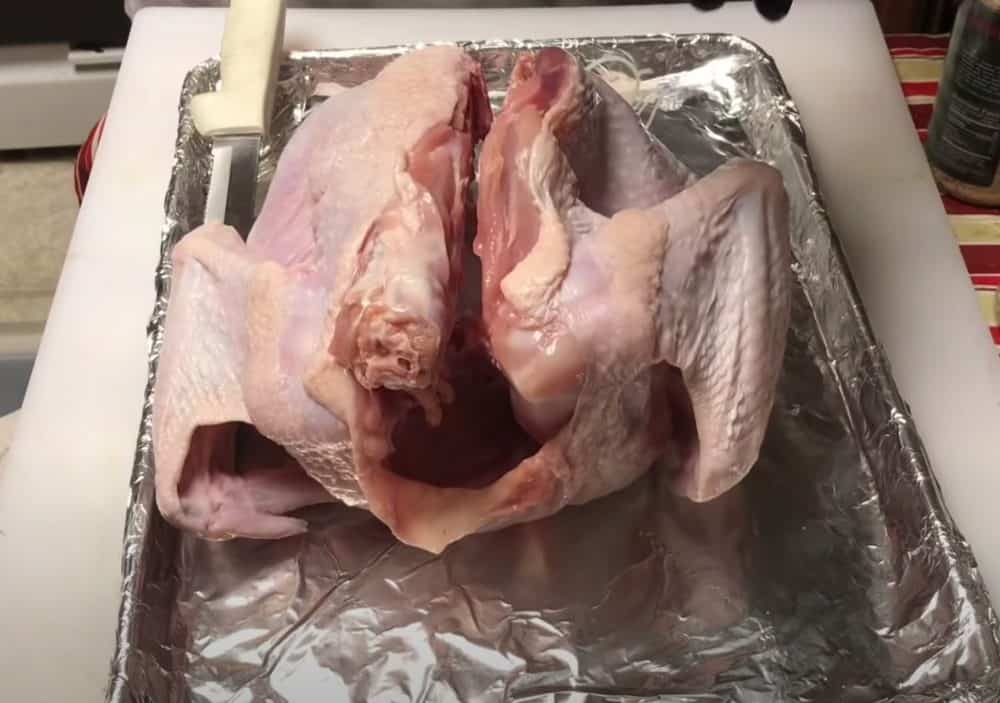 one side of the spine cut to spatchcock a turkey