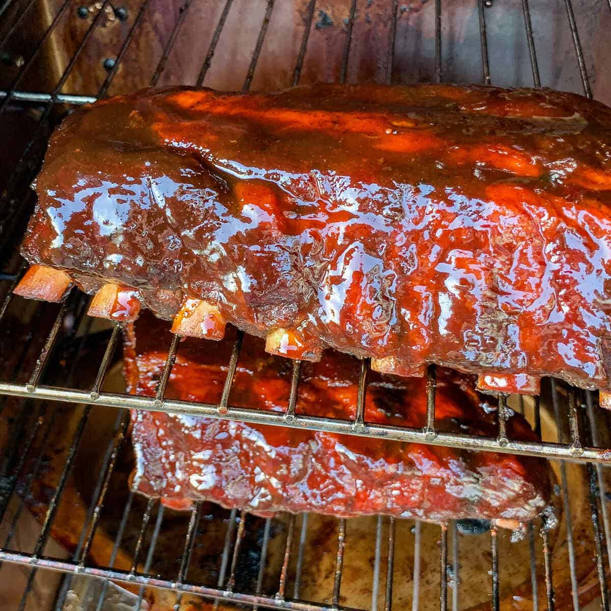 baby back ribs on the grates of a Masterbuilt electric smoker