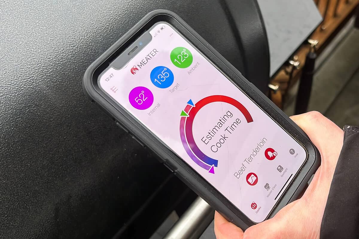MEATER app on a smart phone showing the temperature reading for Pit Boss beef tenderloin