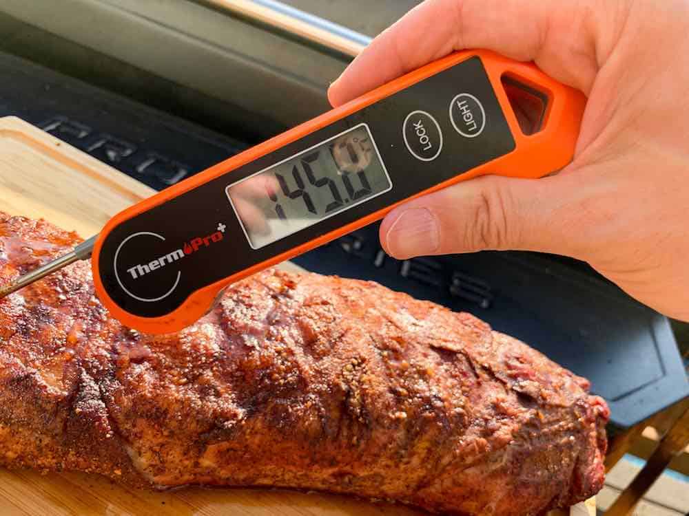 pork loin at 145 degrees measured with an instant read thermometer