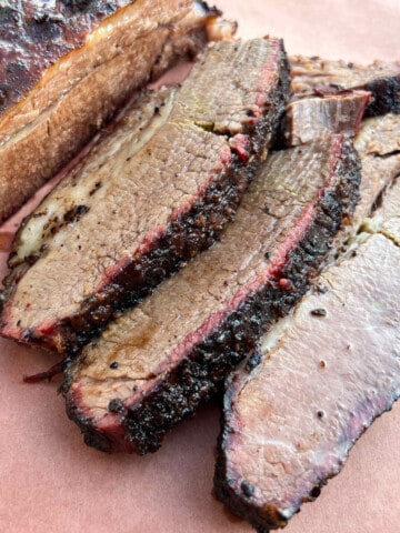 smoked brisket sliced on butcher paper