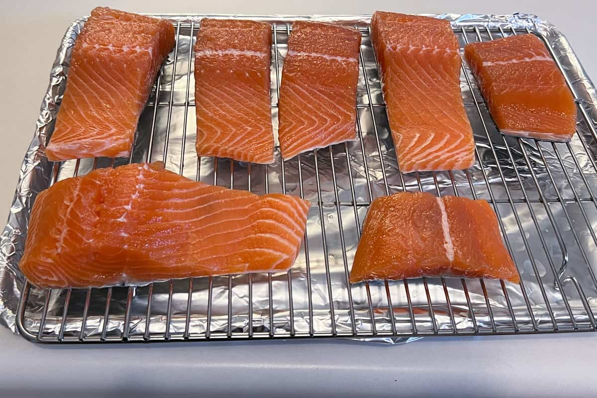 salmon fillets drying on a wire rack
