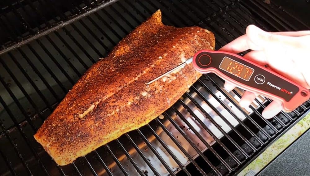 checking the temperature of a traeger smoked salmon fillet