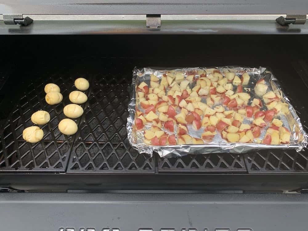 smoked eggs and potatoes on pellet grill