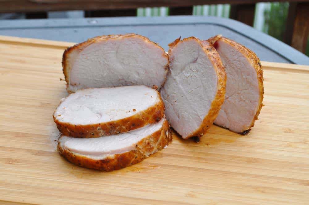 a sliced pit boss smoked boneless turkey breast