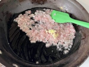 sauteing onions and garlic in a pan