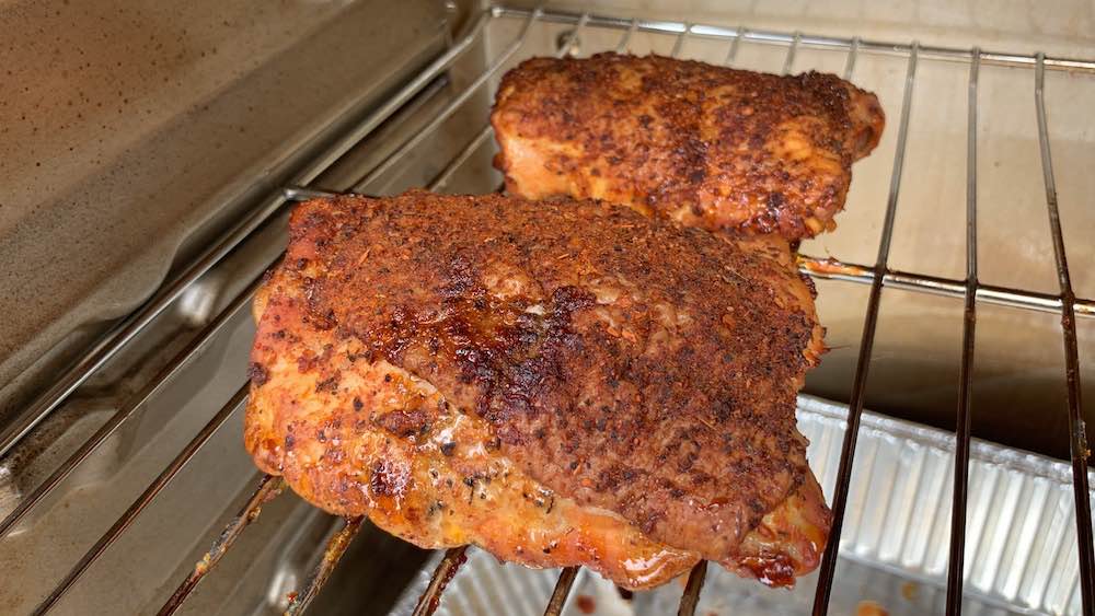 the crispy skin on electric smoker smoked chicken thighs