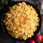 traeger smoked mac and cheese in a cast iron skillet