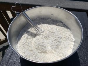 the dry ingredients in a mixing bowl for smoked chocolate chip cookies