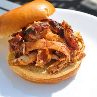 smoked pulled chicken on a sandwich