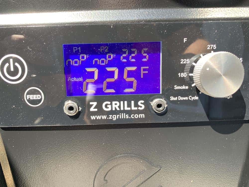 a z grills pellet grill running at 225 degrees F