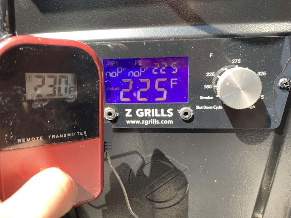 comparing the temperature probe saying the z grills is 230°F with the control panel reading 225 degrees F.
