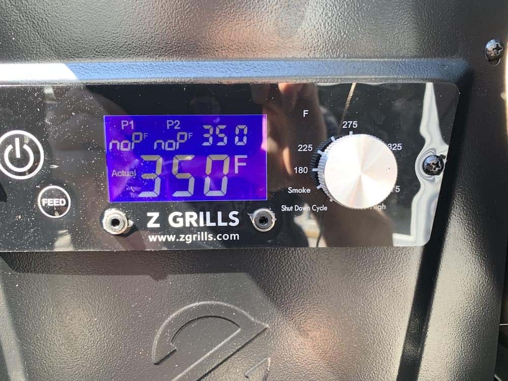 a z grills pellet grill running at 350 degrees F