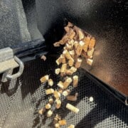 pellets coming out of the hopper of a pit boss into a bucket