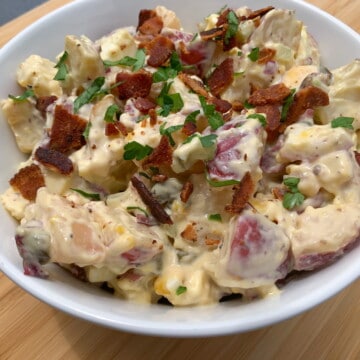 Smoked Potato Salad in a white bowl