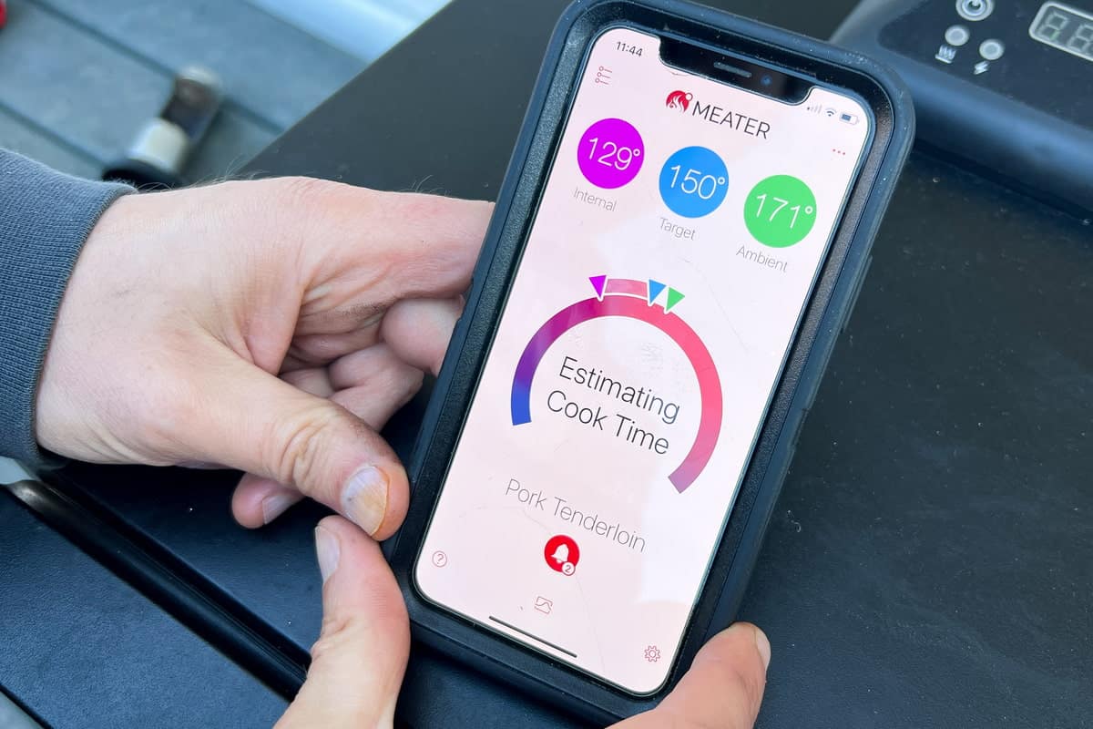 an iPhone screen showing the MEATER app selected for pork tenderloin