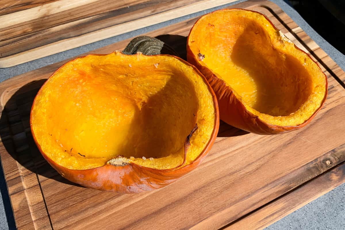 smoked pumpkin on a cutting board