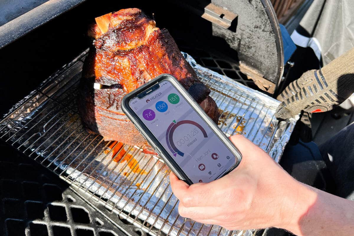 an iPhone screen showing the MEATER app with ham selected and the internal temperature of the ham