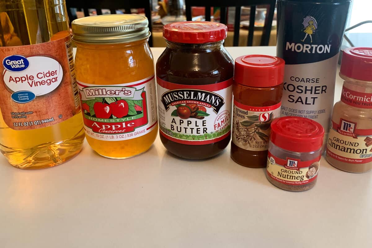 apple glaze ingredients lined up on a kitchen counter