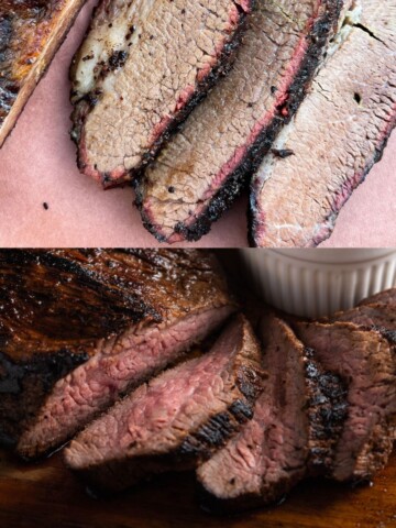 the top half of the picture is a sliced beef brisket flat and the bottom half is a sliced medium rare tri tip roast