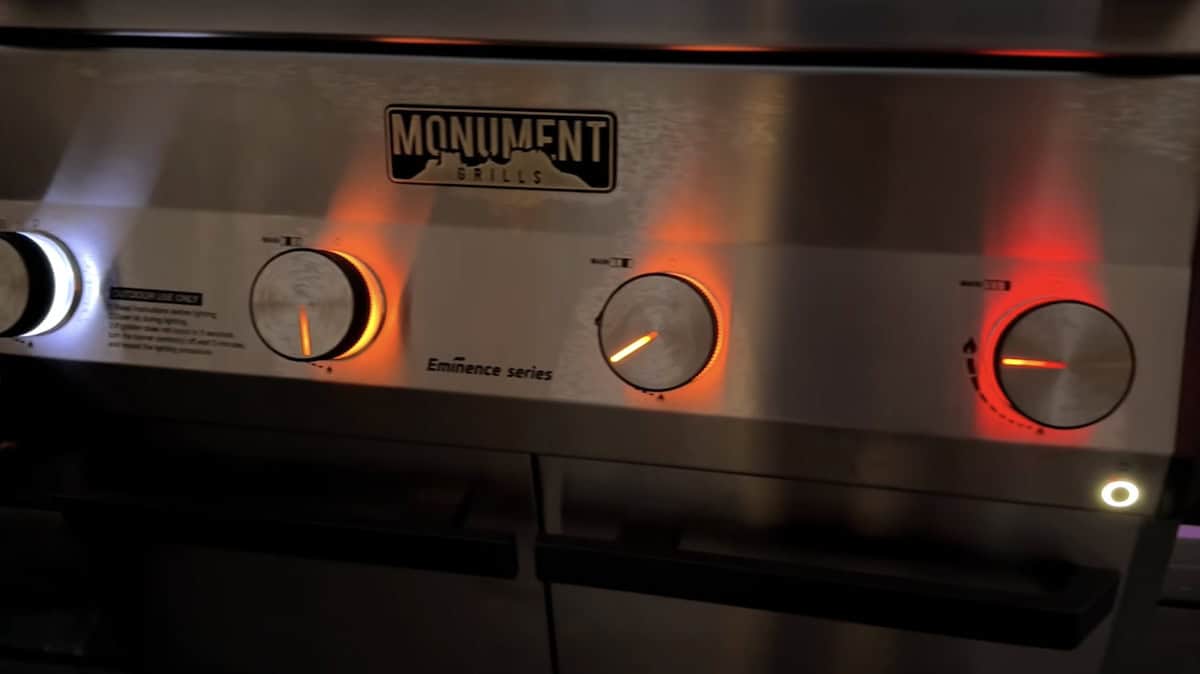 Close-up of Monument Grills control panel for outdoor barbecue grill.